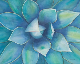 Bluer Than Blue Giclee Print Watercolor Succulent