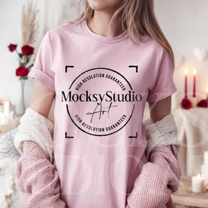 Comfort Colors C1717 Blossom Valentines Day Mockup, CC1717 Pink T-Shirt Mockup, Graphic Tee Mockup, Pink Shirt Mockup, Woman Model