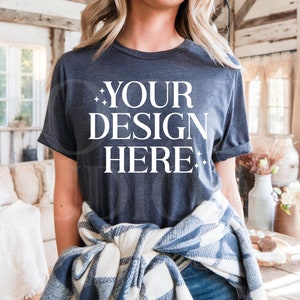 Bella Canvas 3001 Heather Navy T-Shirt Mockup, High-Quality Print-On-Demand Mockups, Rustic BC 3001 Navy Blue Tee Shirt, Digital Download