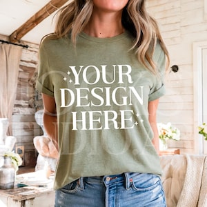 Bella Canvas 3001 Heather Olive T-Shirt Mockup Hochwertige Print-On-Demand Mockups, rustikales BC 3001 Heather Green T-Shirt Digitaler Download