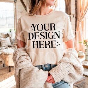 Bella Canvas 3001 Natürlich T-Shirt Mockup, hochwertige Print-On-Demand Mockups, rustikales BC 3001 Natürlich T Shirt, digitaler Sofort Download
