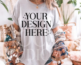 Gildan 5000 Ash Tshirt Mockup, Long G500 Ash T-shirt Mockup, Ash Tee Mockup, Gildan Simple Tee, Minimal Neutral Boho Aesthetic Shirt