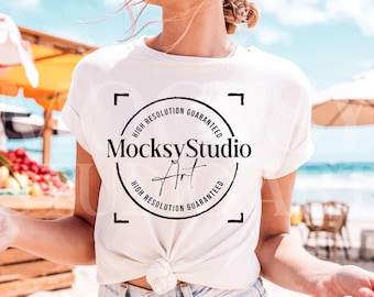 Bella Canvas 3001 White T-Shirt Mockup, Summer Beach Mockup, Unisex Tee Mockup, POD Shop Mockup, High-Quality BC 3001 White Shirt Mockup