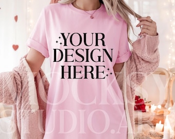 Bella Canvas 3001  Pink Valentine&#39;s Day T-Shirt Mockup for Print On Demand Woman Model Mockup Apparel Clothing Blank Shirt Template
