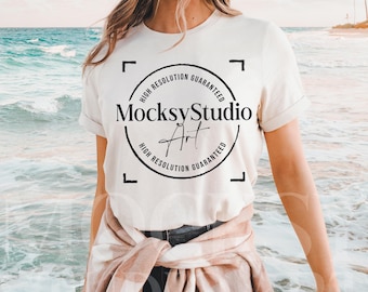 Gildan 5000 White Tshirt Mockup, Summer Beach Mockup, White Tee Mockup, Gildan Simple Tee, Minimal Neutral Boho Aesthetic Shirt, Woman Model