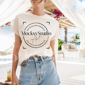 Gildan 5000 Natural Tshirt Mockup, Long G500 Natural Tan T-shirt Mockup, Minimal Neutral Boho Aesthetic Shirt, Trendy Checkered Minimalist