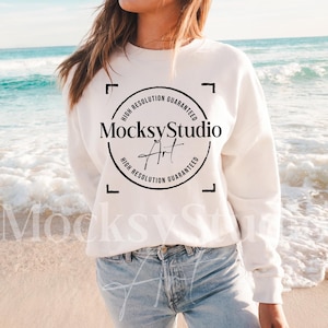 Gildan 18000 White Mockup, Crewneck Sweatshirt Digital Blank Mockup Template, G180 White Crewneck Mock-up, White Sweatshirt Summer Mockup