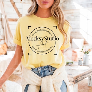 May include: A yellow t-shirt with a black circle logo that says "MocksyStudio Art" and "High Resolution Guaranteed".