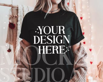 Comfort Colors C1717 Black Valentines Day Mockup, CC1717 Black T-Shirt Mockup, Graphic Tee Mockup, Black Shirt Mockup, Woman Model Mockup