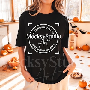 Comfort Colors C1717 Black Shirt Mockup, CC1717 Black T-Shirt Mockup, Graphic Tee Mockup, Halloween Mockup, Woman Model Mockup, Digital