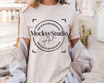 Comfort Colors C1717 Ivory Shirt Mockup, CC1717 Ivory Beach T-Shirt Mockup, Graphic Tee Mockup, Beach Shirt Mockup, Woman Model Beach Mockup