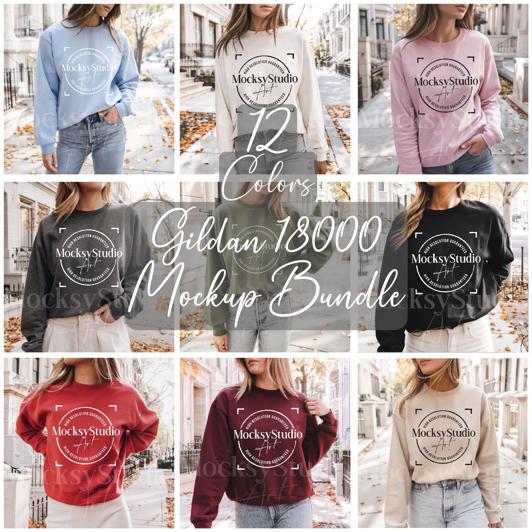 Gildan 18000 Sweatshirt Mockup Bundle, G180 Crewneck Mock-up Bundle, Neutral Casual Simple Fall Winter Gildan 18000 Mocks G180 Mockup Bundle