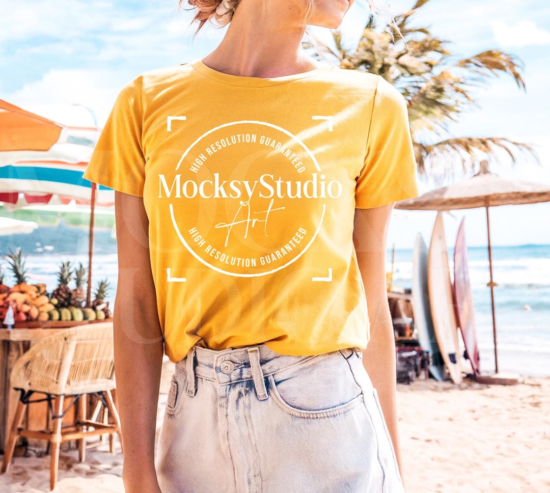 Bella Canvas 3001 Gold Yellow T-shirt Mockup, Summer Beach Mockup ...