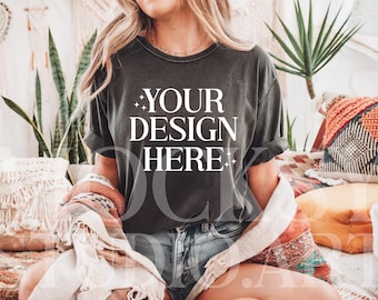 Comfort Colors C1717 Pepper Shirt Mockup, CC1717 Pepper T-Shirt Mockup, Graphic Tee Mockup, Grey Shirt Mockup, Woman Model Mockup, Digital