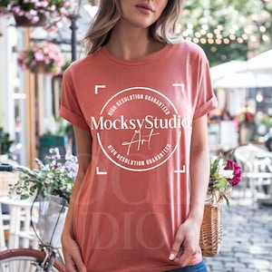 Comfort Colors C1717 Watermelon Shirt Mockup, CC1717 Red T-Shirt Mockup, Graphic Tee Mockup, Red Shirt Mockup, Woman Model Street Style Mock