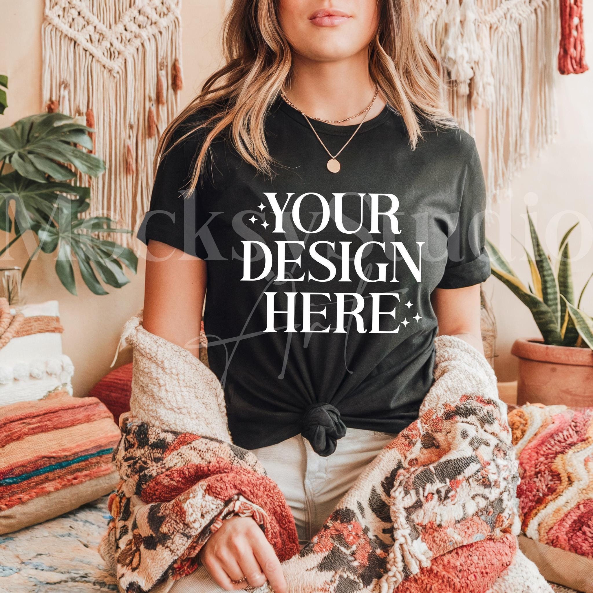 Bella Canvas 3001 Black Mockup, BC 3001 Tee Shirt Mockup, Boho Woman Model Mockup, Black T-Shirt Mockup, Blank Mockup Template, Digital