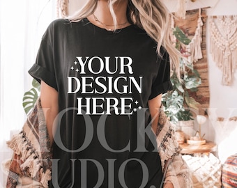 Gildan 5000 Black Tshirt Mockup, Long G500 Black T-shirt Mockup, Black Tee Mockup, Gildan Simple Tee, Minimal Neutral Boho Aesthetic Shirt