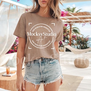 Gildan 5000 Brown Savana Tshirt Mockup, Long G500 Brown Savana Tan T-shirt Mockup, Minimal Neutral Boho Aesthetic Shirt, Trendy Checkered