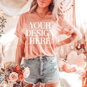 Bella Canvas 3001 Heather Peach Valentine&#39;s Day T-Shirt Mockup for Print On Demand Woman Model Mockup Apparel Clothing Blank Shirt Template