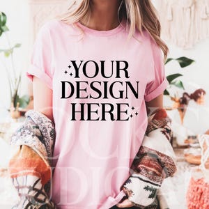 Comfort Colors C1717 Blossom Shirt Mockup, CC1717 Pink T-Shirt Mockup, Graphic Tee Mockup, Pink Shirt Mockup, Woman Model Mockup, Digital