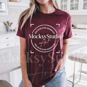 Bella Canvas 3001 Maroon T-Shirt Mockup, High-Quality Print-On-Demand Mockups, Rustic BC 3001 Maroon Tee Shirt, Digital Instant Download