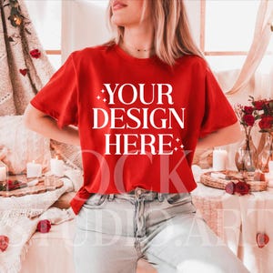 Comfort Colors C1717 Red Valentines Day Mockup, CC1717 Red T-Shirt Mockup, Graphic Tee Mockup, Red Shirt Mockup, Woman Model Mockup