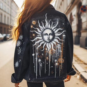 Hand Painted Hippie Denim Jacket – Boho Custom Jean Jacket, Festival Clothing, Vintage Style Outerwear, Painted Jean Jacket for Men or Women