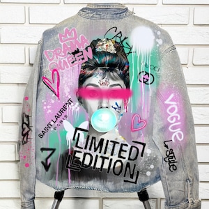 Chaqueta vaquera pintada con grafiti hecha a medida, ropa personalizada pintada a mano para cualquier idea, chaqueta vaquera personalizada para hombre o mujer