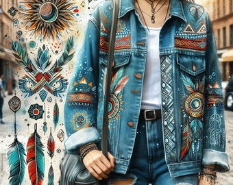 May include: A blue denim jacket with colorful, intricate patterns and feather designs. The jacket features a button-down front, pockets, and distressed jeans. A black belt and a fringed shoulder bag complete the look.