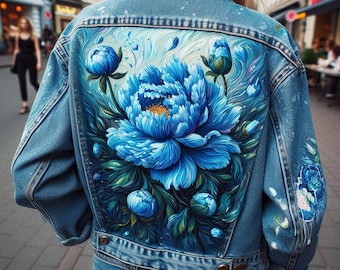 Hand-Painted Denim Jacket with Flowers: Custom Floral Jean Jacket, Unique Artistic Painted Clothing
