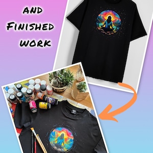 May include: A black t-shirt with a colorful painting of a person meditating inside a circle. The painting includes a sunset, mountains, and a starry sky.