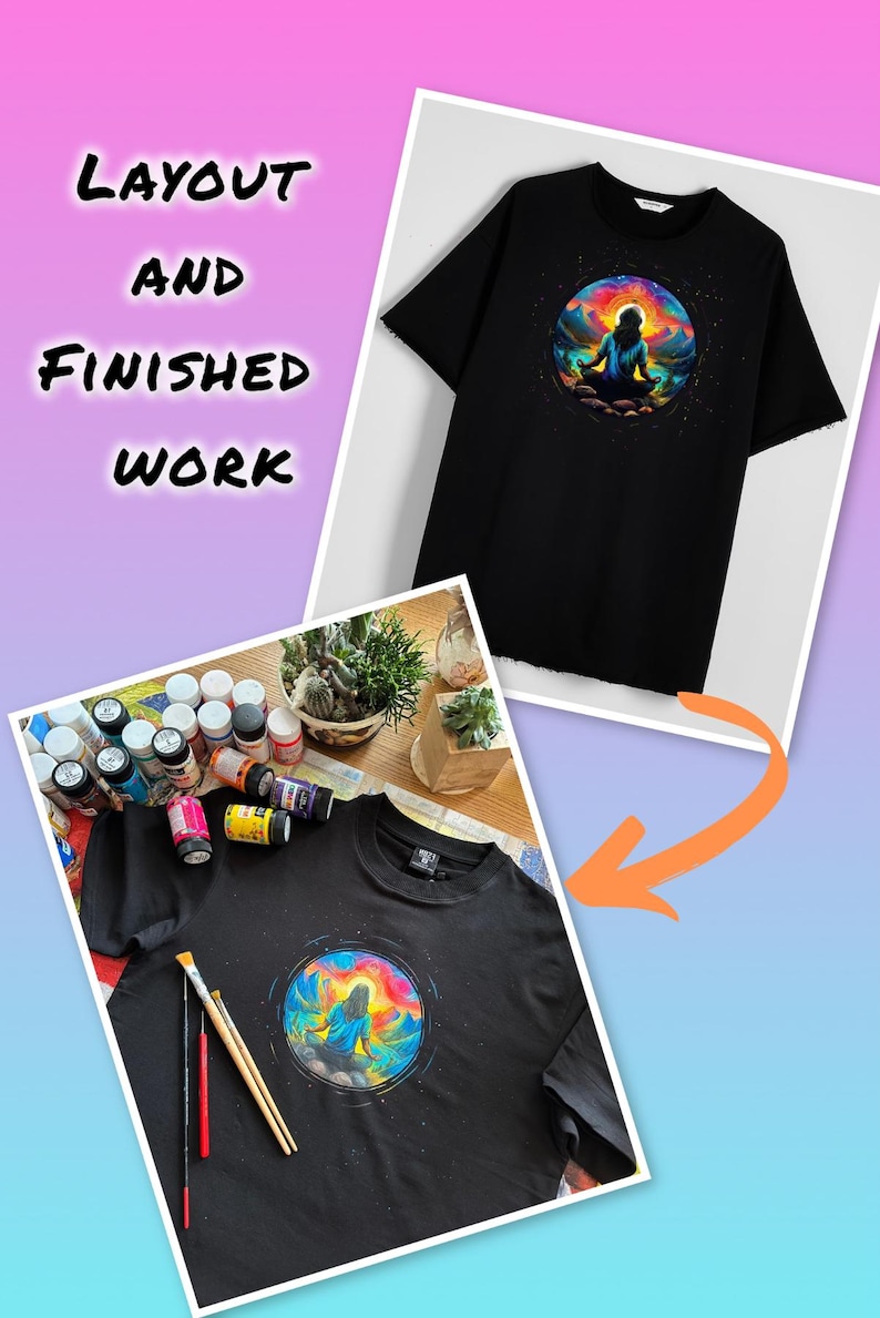 May include: A black t-shirt with a colorful painting of a person meditating inside a circle. The painting includes a sunset, mountains, and a starry sky.