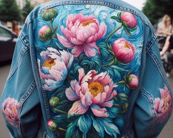 Hand-Painted Denim Jacket with Peonies: Custom Floral Jean Jacket, Unique Artistic Painted Clothing