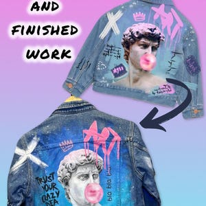 May include: A denim jacket with a painted design featuring a bust of a man with a bubble gum, a crown, and the text "Trust your crazy idea" and "bla bla bla".