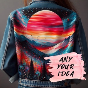 Custom Hand-Painted Denim Jacket – Personalized Jean Jacket with Sunset Design, Unique Clothing for Your Ideas, Custom Art Jacket