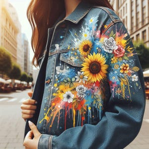 Könnte beinhalten: Jeansjacke mit einem lebendigen Blumenmuster. Die Jacke zeigt Sonnenblumen, Rosen und andere Blumen, akzentuiert durch farbenfrohe Farbspritzer. Das Design befindet sich auf der Vorderseite und den Ärmeln der Jacke.