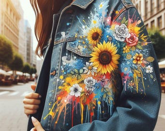 May include: A denim jacket with a vibrant floral design. The jacket features sunflowers, roses, and other flowers, accented by colorful paint splatters. The design is on the front and sleeves of the jacket.