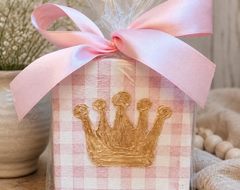 Pink Gingham Crown Mini Canvas Princess Nursery Decor Hand Painted Crown Art Coquette Room Decor