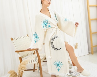 Crescent muslin kimono-morgonrock: Handtryckt kaftan i bomullsgasväv