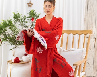 Handbedruckte Gaze Weihnachtsrobe: Festlicher Kimono aus Baumwolle