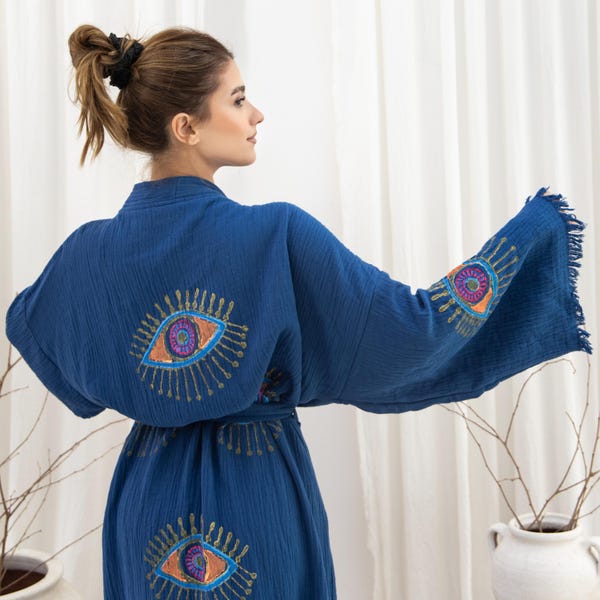 Kimono de muselina de algodón: diseño de árbol estampado a mano con flecos de lino