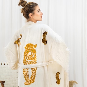 Leopardfransad morgonrock, mysig gasvävkimono, turkisk bomullsmorgonrock, festivalkläder