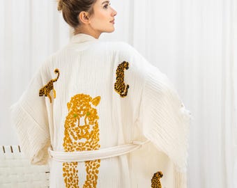 Robe com franjas de leopardo, quimono aconchegante de gaze, robe de algodão turco, roupa para festivais
