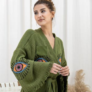 Organic Muslin Kimono Robe: Evil Eye Turkish Cotton Gauze