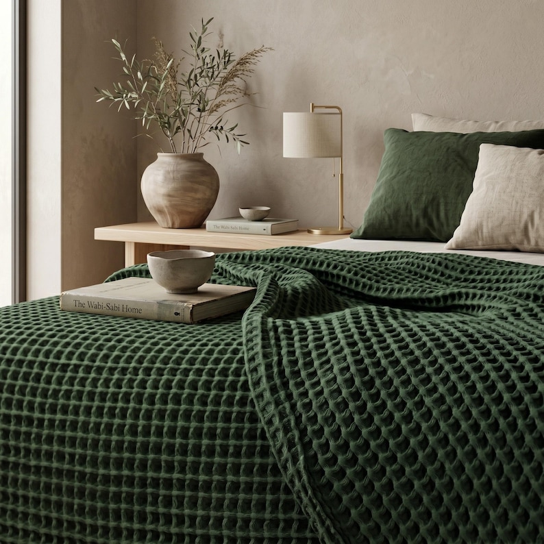 Deken met wafelpatroon van biologisch katoen: zachte kingsize bedovertrek, zomersprei Forest Green