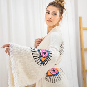 Muslin Fringes Robe, Handmade Kimono, Organic Cotton Robe, Cozy Caftan