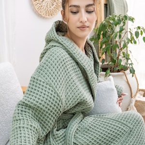 Waffle Hoodie Bathrobe, Cotton Summer Robe, Cozy Robe, Dressing Gown, Women Gifts