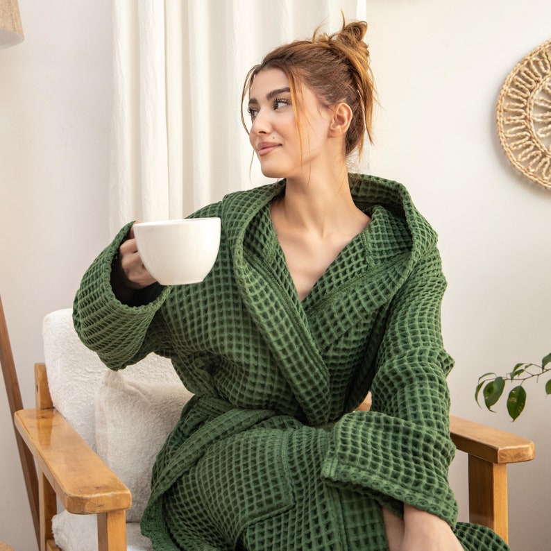 Hoodie Waffle Bathrobe, Cotton Robe, Cozy Organic Robe
