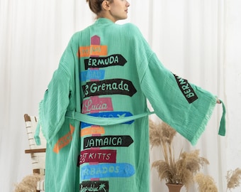 Handgjord muslinkimono-morgonrock: Kaftan i ekologisk bomull med resetryck