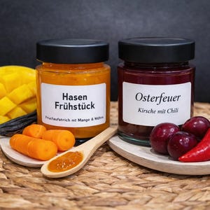 Marmelade, Konfitüre, Fruchtaufstriche in Geschenk Verpackung Ostern Geschenk Hasenfrühstück Osterfeuer